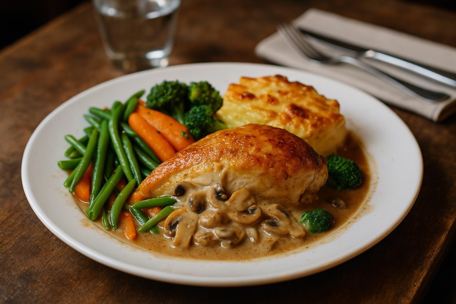 Suprême de volaille aux champignons, gratin dauphinois et légumes du moment
